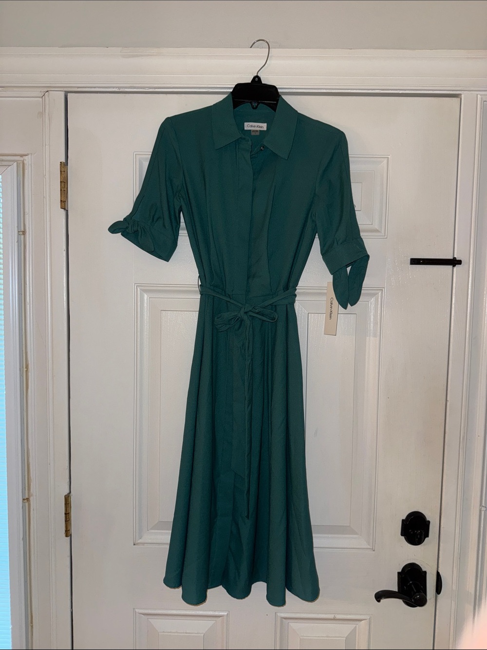 Calvin Klein Teal Button-Front Midi Dress with Tie Waist